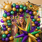 Mardi balloon garland arch kit Purple Emerald green gold with Crown and Mask star mylar Balloons for Grand Fat Tuesday Party Decorations