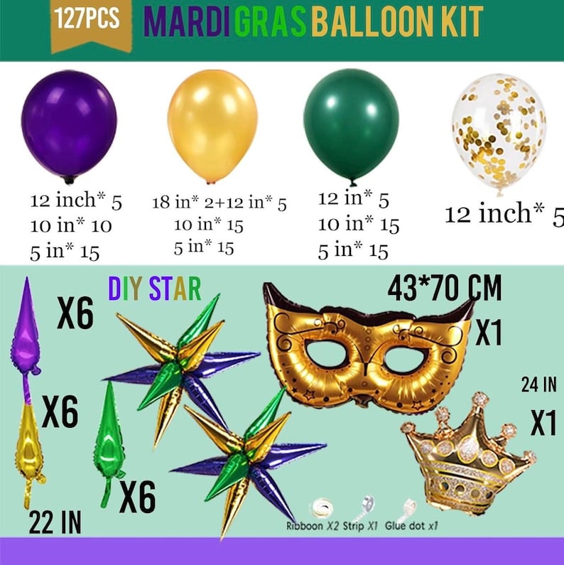 Mardi balloon garland arch kit Purple Emerald green gold with Crown and Mask star mylar Balloons for Grand Fat Tuesday Party Decorations