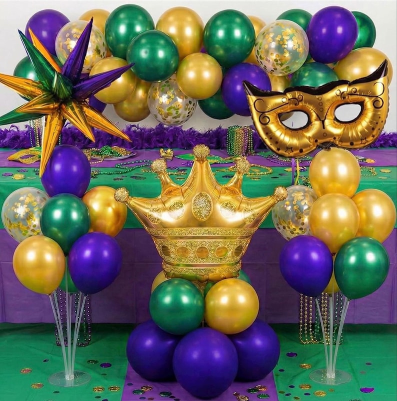 Mardi balloon garland arch kit Purple Emerald green gold with Crown and Mask star mylar Balloons for Grand Fat Tuesday Party Decorations