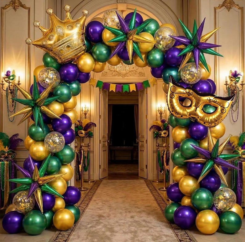 Mardi balloon garland arch kit Purple Emerald green gold with Crown and Mask star mylar Balloons for Grand Fat Tuesday Party Decorations