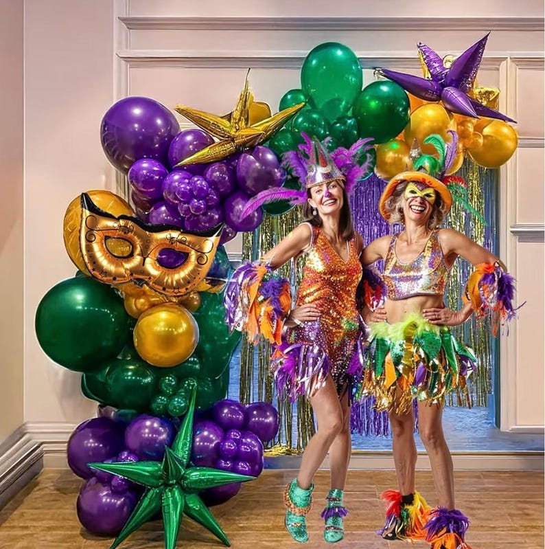 Mardi balloon garland arch kit Purple Emerald green gold with Crown and Mask star mylar Balloons for Grand Fat Tuesday Party Decorations