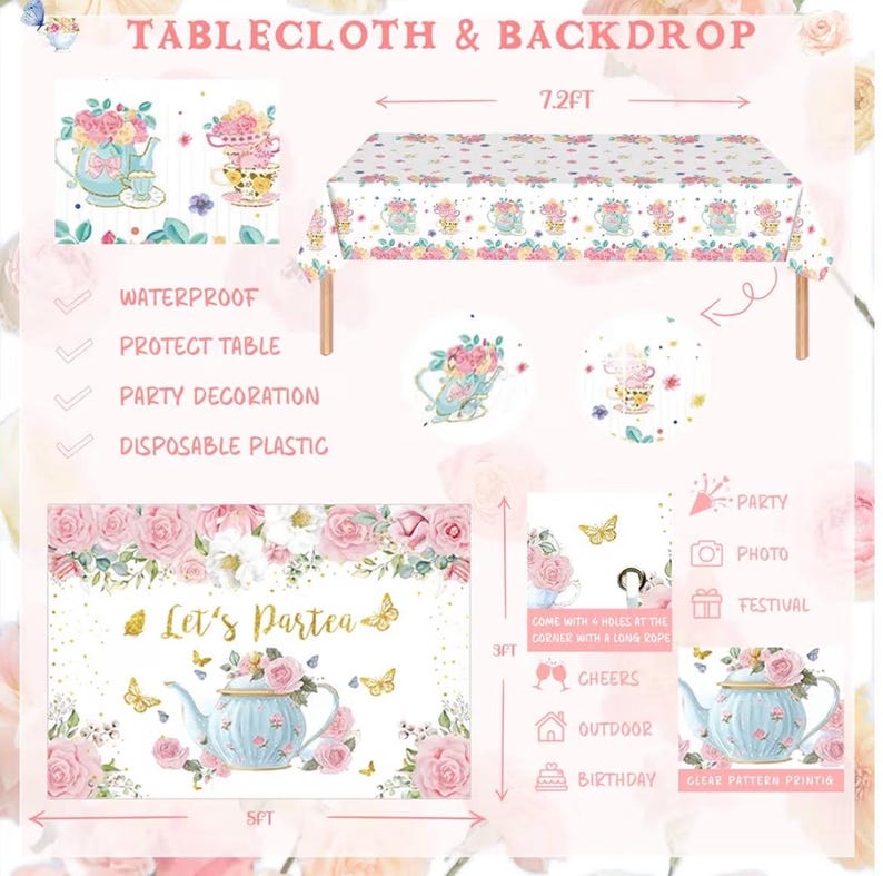 126pcs Tea Party Decorations Kit, Let's Partea Birthday Party Decorations, Floral Par Tea Supplies Backdrop Tablecloth Balloon Garland Arch