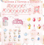 126pcs Tea Party Decorations Kit, Let's Partea Birthday Party Decorations, Floral Par Tea Supplies Backdrop Tablecloth Balloon Garland Arch