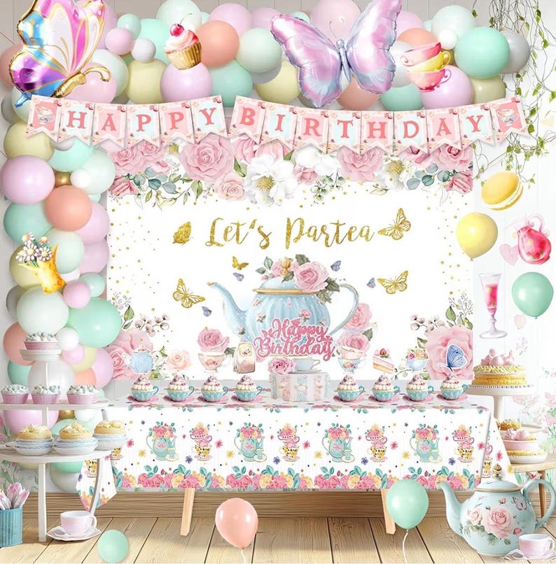 126pcs Tea Party Decorations Kit, Let's Partea Birthday Party Decorations, Floral Par Tea Supplies Backdrop Tablecloth Balloon Garland Arch