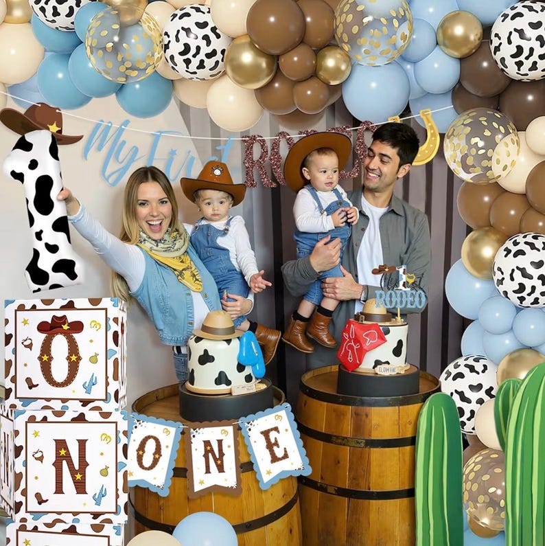 165Pcs My First Rodeo Birthday Decorations Boy, Western Cowboy 1st Birthday Decorations, Include One Boxes, Brown Blue Balloons Arch, Banner