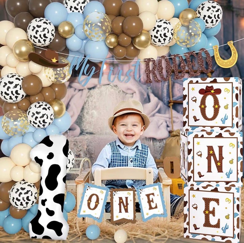 165Pcs My First Rodeo Birthday Decorations Boy, Western Cowboy 1st Birthday Decorations, Include One Boxes, Brown Blue Balloons Arch, Banner