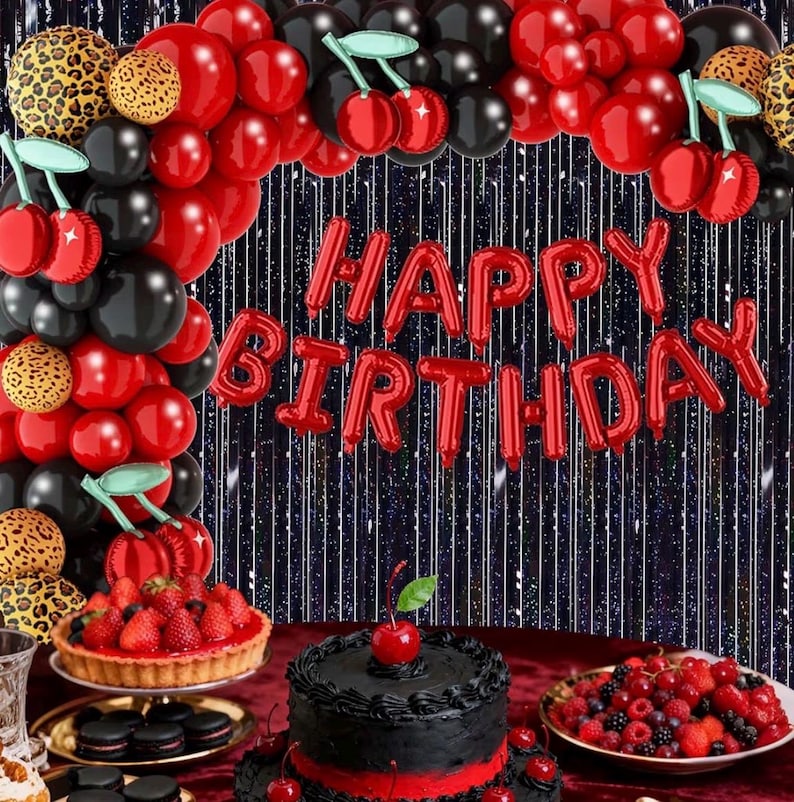 119Pcs Red Cheetah Print Birthday Decorations Balloons Kit, Black Red Cherry Leopard Print Balloons Birthday Foil Banner for Girls Women
