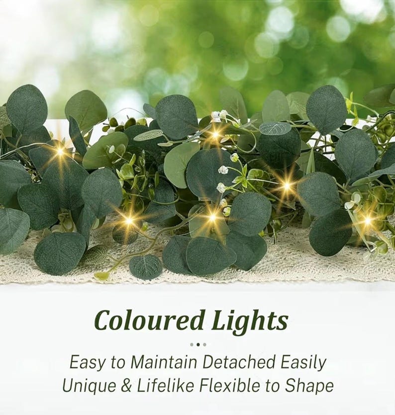 Eucalyptus Garland with Lights, 2 Packs 6FT Green Flower Garland Decor, Artificial Faux Eucalyptus Leaves Greenery Vines for Table Runner