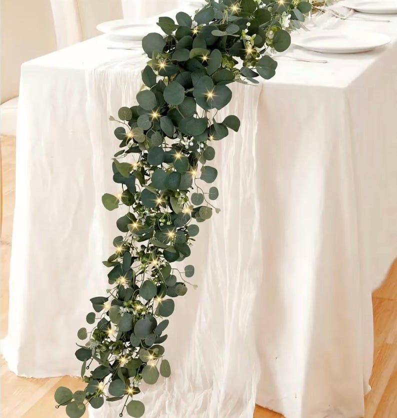 Eucalyptus Garland with Lights, 2 Packs 6FT Green Flower Garland Decor, Artificial Faux Eucalyptus Leaves Greenery Vines for Table Runner