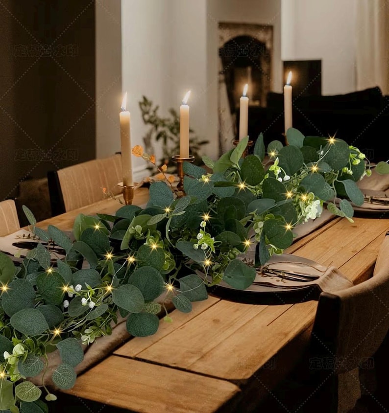 Eucalyptus Garland with Lights, 2 Packs 6FT Green Flower Garland Decor, Artificial Faux Eucalyptus Leaves Greenery Vines for Table Runner