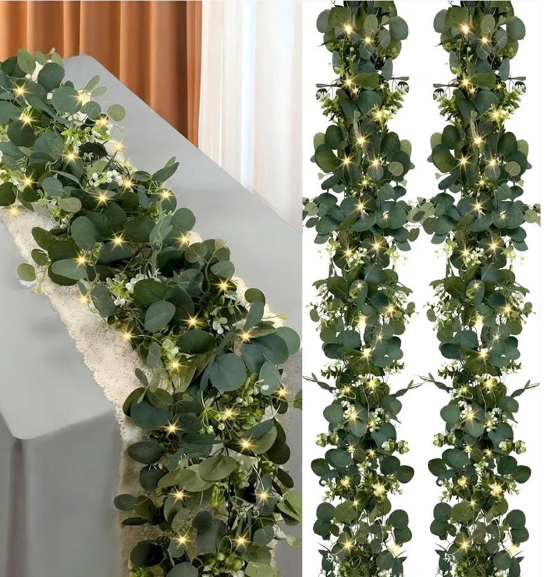 Eucalyptus Garland with Lights, 2 Packs 6FT Green Flower Garland Decor, Artificial Faux Eucalyptus Leaves Greenery Vines for Table Runner
