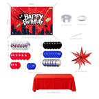 Red Theme Borthday Party Decorations Kit -Red Blue Black Latex Balloons Arch Garland with Web Backdrop for Boys Girls Kids