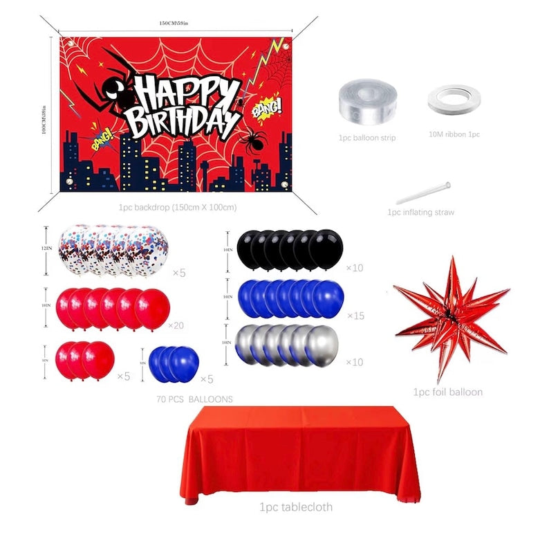 Red Theme Borthday Party Decorations Kit -Red Blue Black Latex Balloons Arch Garland with Web Backdrop for Boys Girls Kids