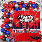 Red Theme Borthday Party Decorations Kit -Red Blue Black Latex Balloons Arch Garland with Web Backdrop for Boys Girls Kids