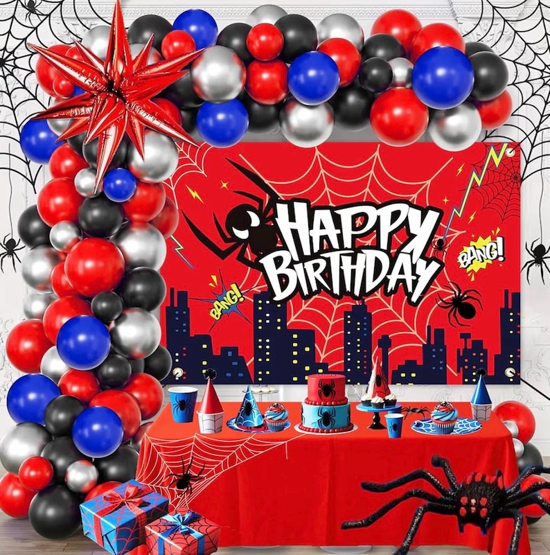 Red Theme Borthday Party Decorations Kit -Red Blue Black Latex Balloons Arch Garland with Web Backdrop for Boys Girls Kids