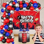 Red Theme Borthday Party Decorations Kit -Red Blue Black Latex Balloons Arch Garland with Web Backdrop for Boys Girls Kids