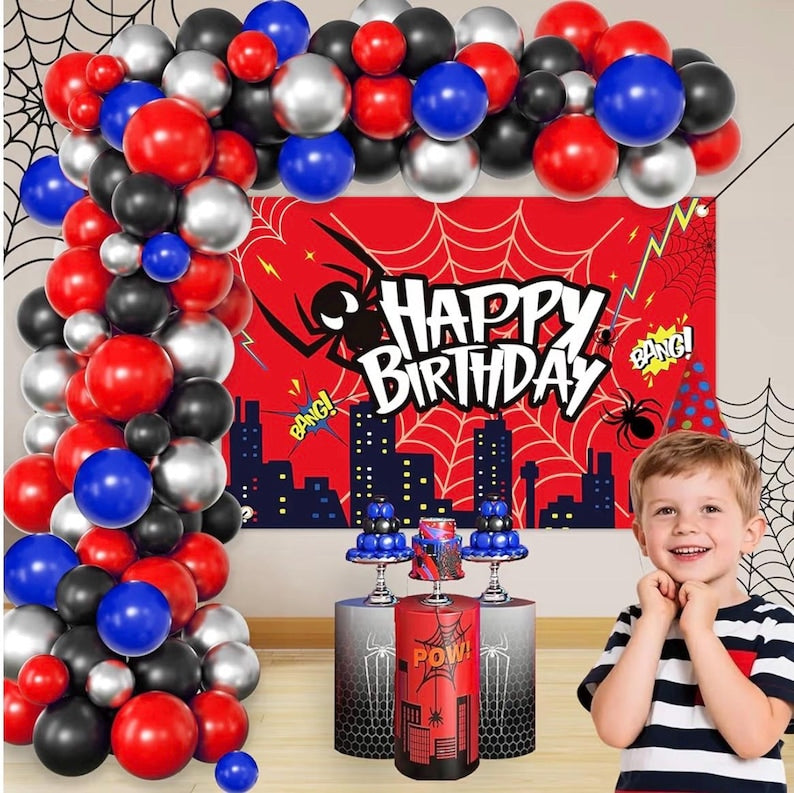 Red Theme Borthday Party Decorations Kit -Red Blue Black Latex Balloons Arch Garland with Web Backdrop for Boys Girls Kids
