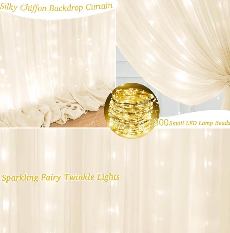 Ivory Sheer Backdrop Curtains with Lights String for Parites Wedding Tulle Backdrop Curtains for Baby Shower Birthday Party Photo Background
