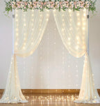 Ivory Sheer Backdrop Curtains with Lights String for Parites Wedding Tulle Backdrop Curtains for Baby Shower Birthday Party Photo Background