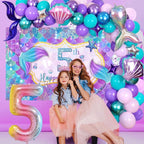 5th Birthday Decoration, 5th Mermaid Birthday Party Decorations, 5 Years Old Mermaid Party Background Banner Balloons Cake Topper