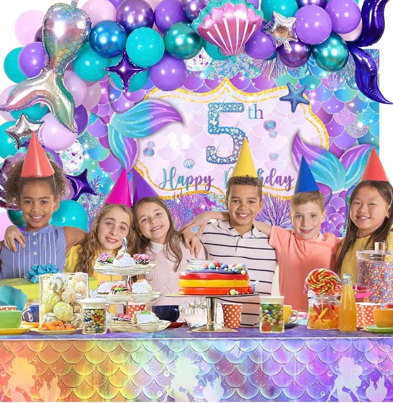 5th Birthday Decoration, 5th Mermaid Birthday Party Decorations, 5 Years Old Mermaid Party Background Banner Balloons Cake Topper