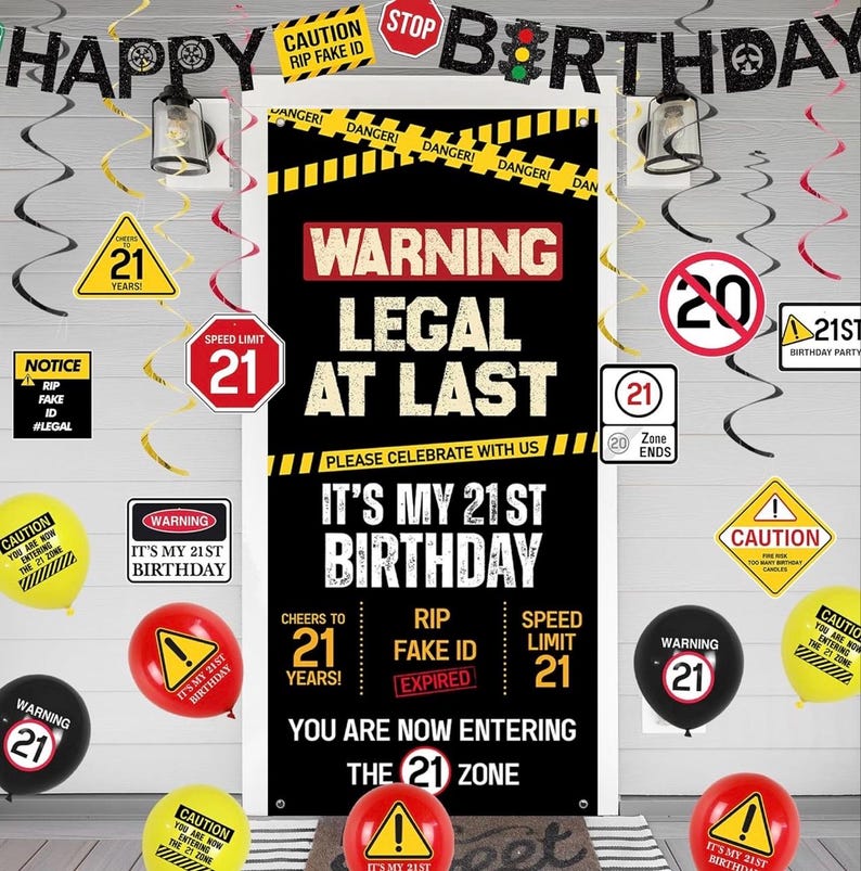 21st Birthday Party Decorations, Black Happy 21st Birthday Banner Backdrop Balloons Hanging Swirls for Her Him, Caution Logo Themed 21 Years