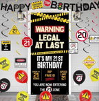 21st Birthday Party Decorations, Black Happy 21st Birthday Banner Backdrop Balloons Hanging Swirls for Her Him, Caution Logo Themed 21 Years