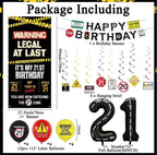 21st Birthday Party Decorations, Black Happy 21st Birthday Banner Backdrop Balloons Hanging Swirls for Her Him, Caution Logo Themed 21 Years
