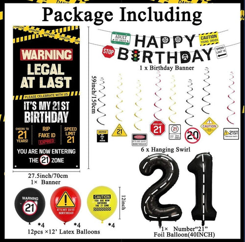 21st Birthday Party Decorations, Black Happy 21st Birthday Banner Backdrop Balloons Hanging Swirls for Her Him, Caution Logo Themed 21 Years