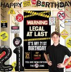 21st Birthday Party Decorations, Black Happy 21st Birthday Banner Backdrop Balloons Hanging Swirls for Her Him, Caution Logo Themed 21 Years