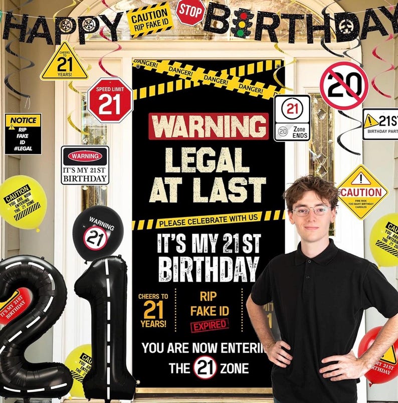 21st Birthday Party Decorations, Black Happy 21st Birthday Banner Backdrop Balloons Hanging Swirls for Her Him, Caution Logo Themed 21 Years