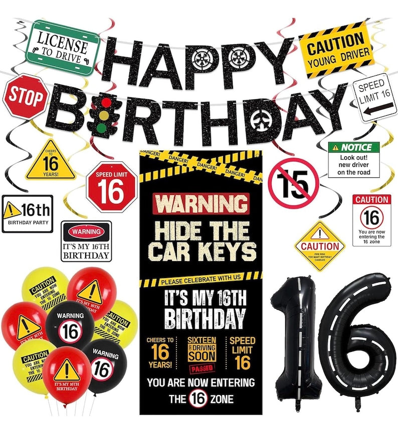16th Birthday Decorations Boys Girls, Hide The Car Keys Happy 16th Birthday Banner Backdrop Balloons Hanging Swirls, Caution Logo Themed 16