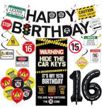16th Birthday Decorations Boys Girls, Hide The Car Keys Happy 16th Birthday Banner Backdrop Balloons Hanging Swirls, Caution Logo Themed 16