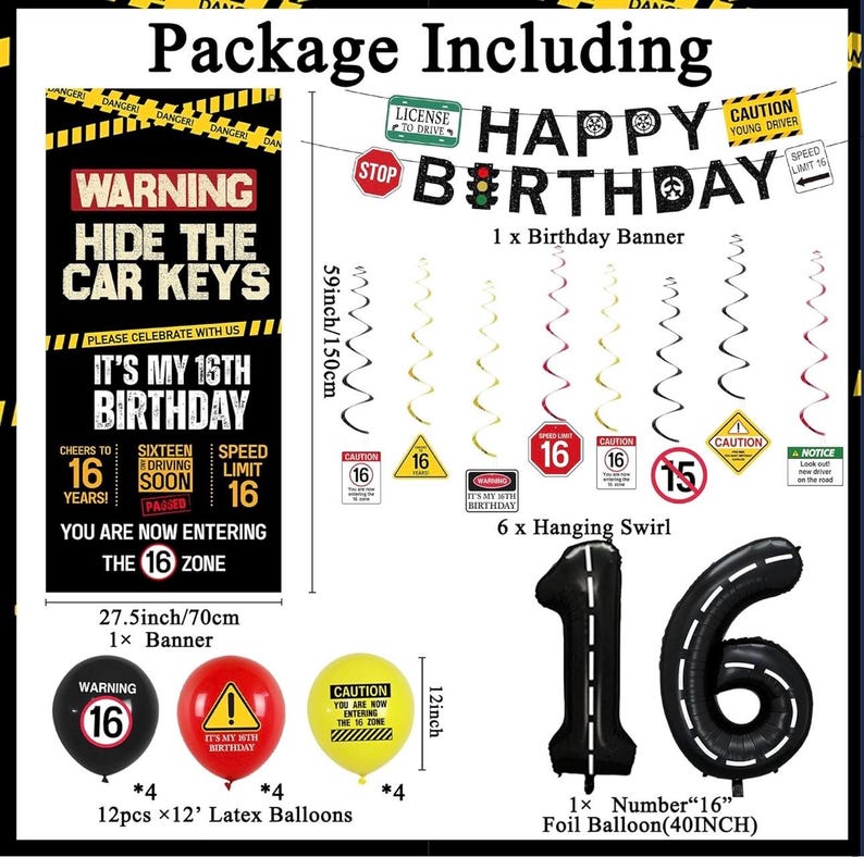 16th Birthday Decorations Boys Girls, Hide The Car Keys Happy 16th Birthday Banner Backdrop Balloons Hanging Swirls, Caution Logo Themed 16