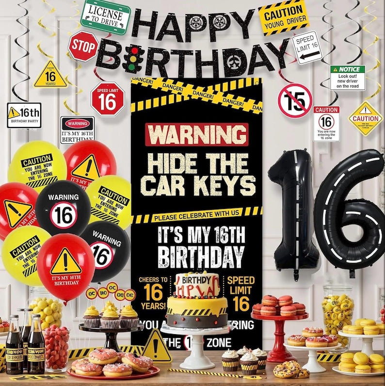 16th Birthday Decorations Boys Girls, Hide The Car Keys Happy 16th Birthday Banner Backdrop Balloons Hanging Swirls, Caution Logo Themed 16