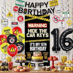 16th Birthday Decorations Boys Girls, Hide The Car Keys Happy 16th Birthday Banner Backdrop Balloons Hanging Swirls, Caution Logo Themed 16