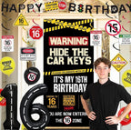 16th Birthday Decorations Boys Girls, Hide The Car Keys Happy 16th Birthday Banner Backdrop Balloons Hanging Swirls, Caution Logo Themed 16