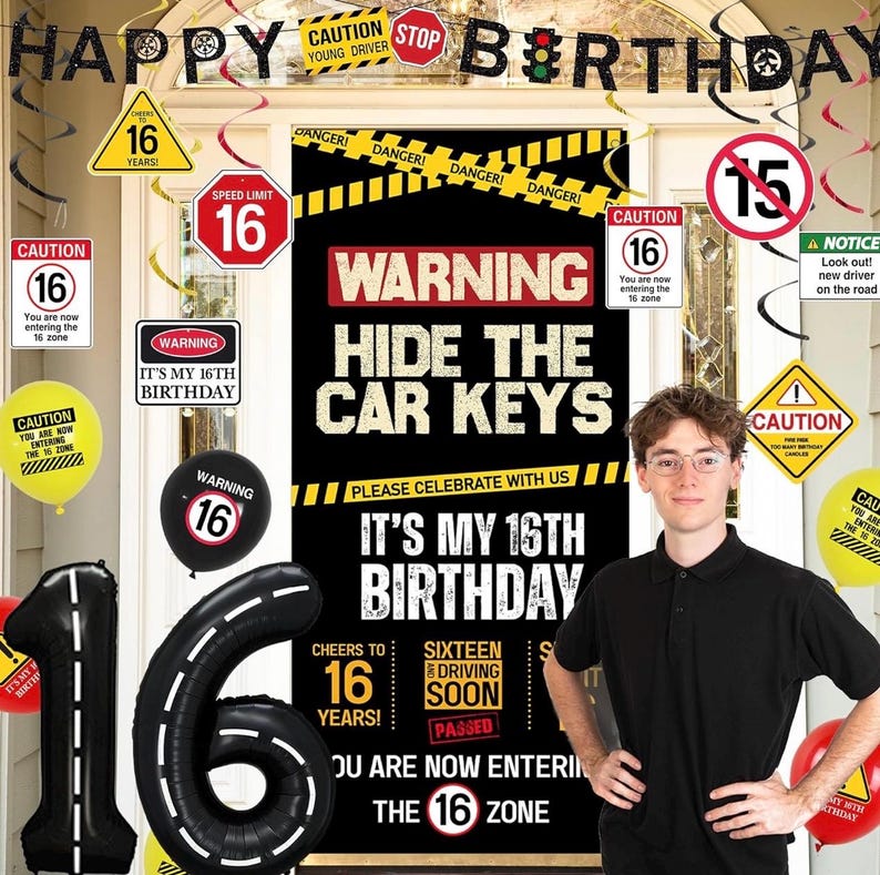16th Birthday Decorations Boys Girls, Hide The Car Keys Happy 16th Birthday Banner Backdrop Balloons Hanging Swirls, Caution Logo Themed 16