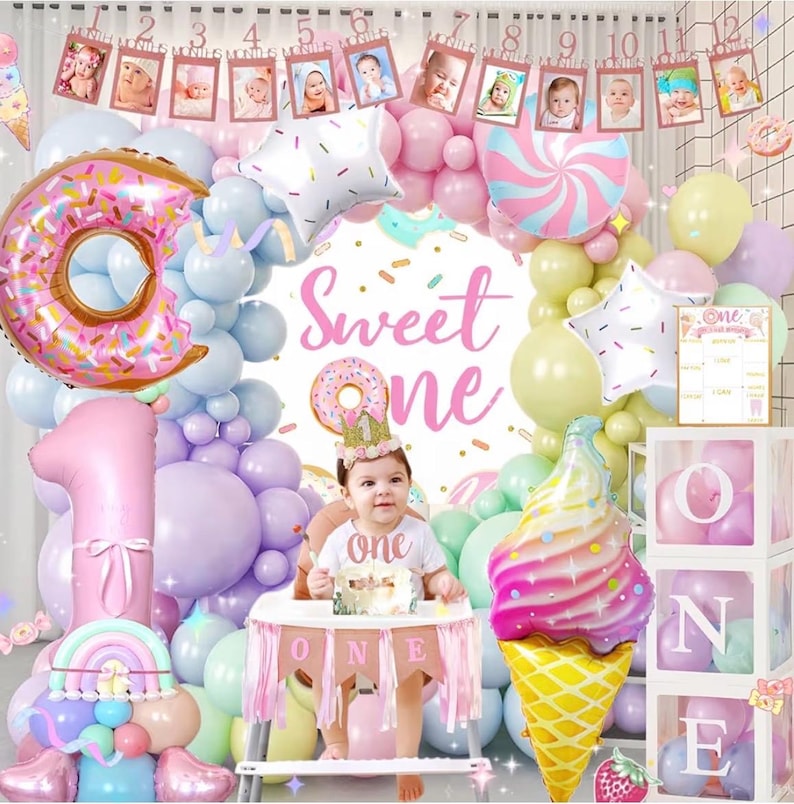 1st Birthday Decorations for Girl, 128pcs Sweet One Birthday Party Decorations, Balloon Boxes,Party Backdrop, Photo Banner, Donuts Ice Cream