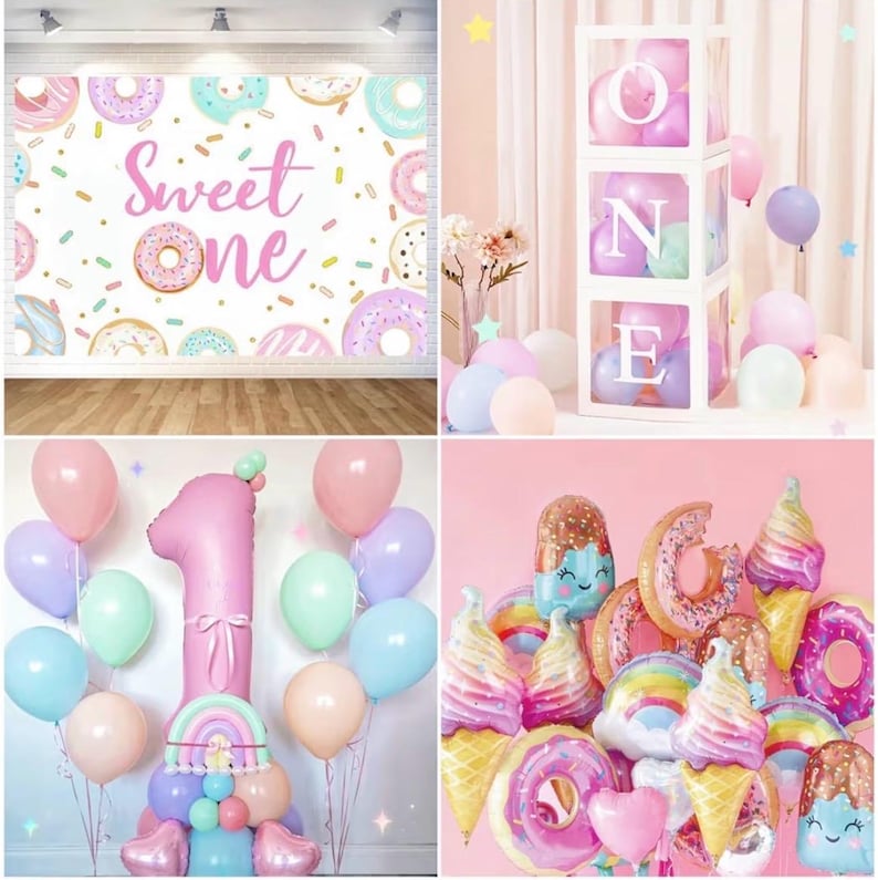 1st Birthday Decorations for Girl, 128pcs Sweet One Birthday Party Decorations, Balloon Boxes,Party Backdrop, Photo Banner, Donuts Ice Cream