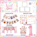1st Birthday Decorations for Girl, 128pcs Sweet One Birthday Party Decorations, Balloon Boxes,Party Backdrop, Photo Banner, Donuts Ice Cream