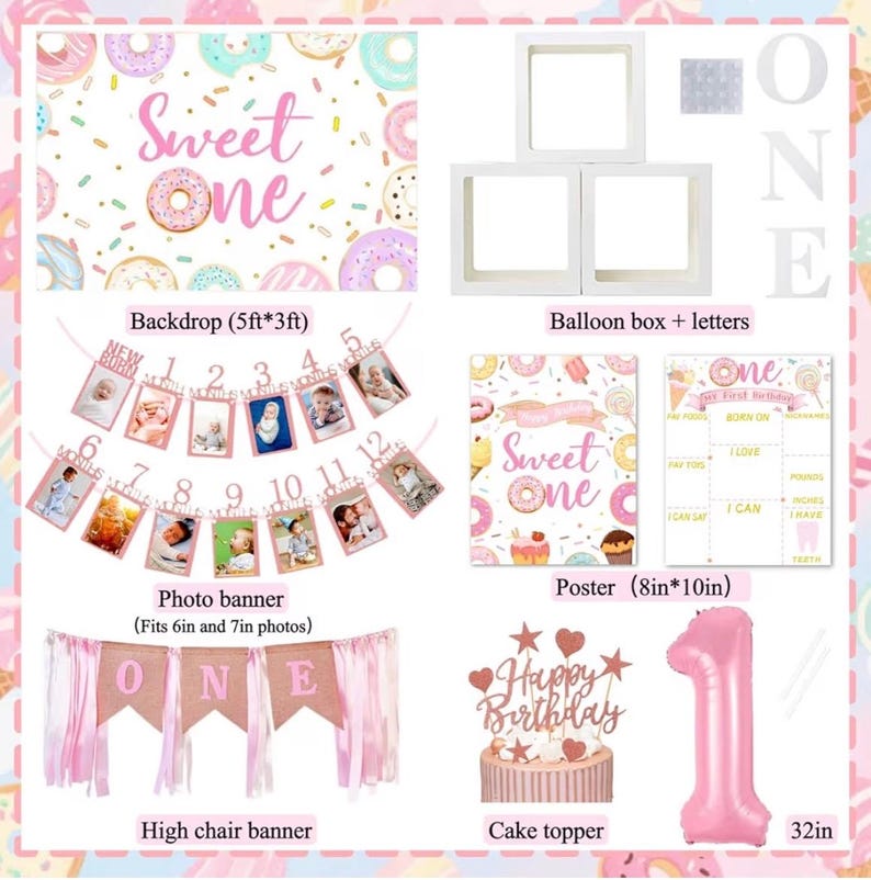 1st Birthday Decorations for Girl, 128pcs Sweet One Birthday Party Decorations, Balloon Boxes,Party Backdrop, Photo Banner, Donuts Ice Cream