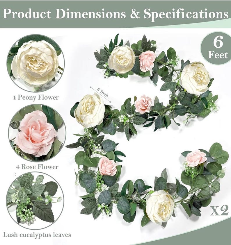 2 Pack 13Ft Artificial Eucalyptus Flower Garland with Peony Pink Rose, Baby Breath Fake Flowers Greenery Garland Floral Vine for Wedding