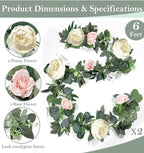 2 Pack 13Ft Artificial Eucalyptus Flower Garland with Peony Pink Rose, Baby Breath Fake Flowers Greenery Garland Floral Vine for Wedding