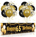 65th Birthday Decorations for Men Women - Black and Gold Yard Banner Sign and 18 PCS Happy Birthday Balloons for Anniversary Party Supplies