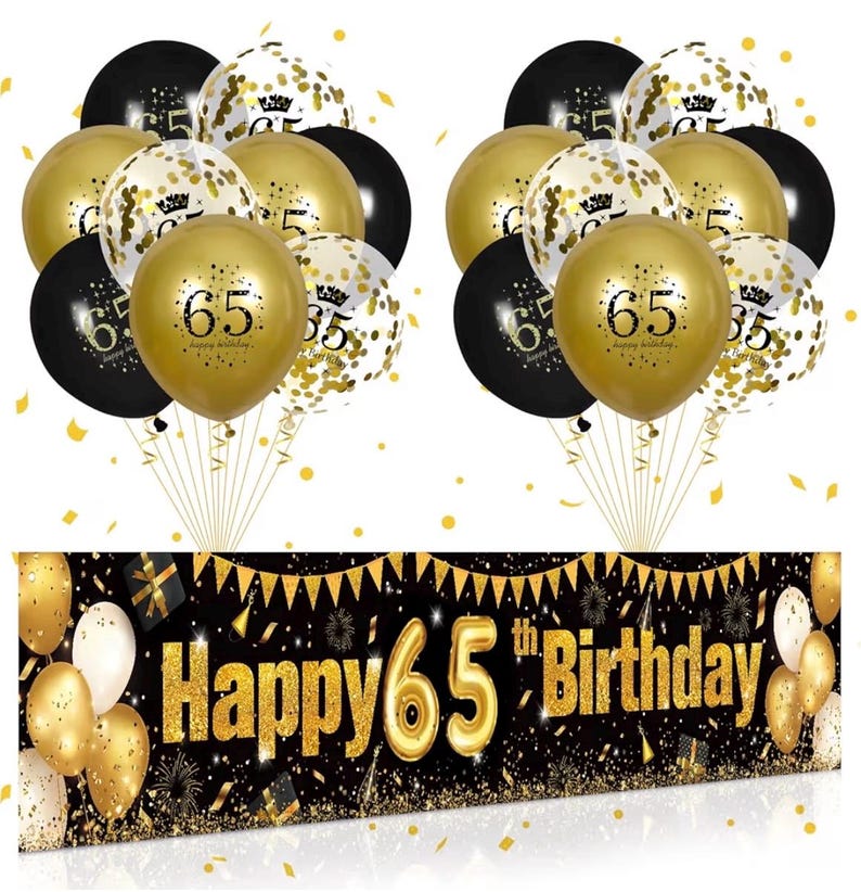 65th Birthday Decorations for Men Women - Black and Gold Yard Banner Sign and 18 PCS Happy Birthday Balloons for Anniversary Party Supplies