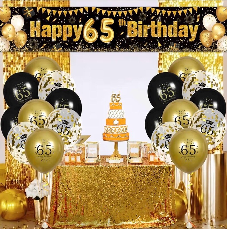 65th Birthday Decorations for Men Women - Black and Gold Yard Banner Sign and 18 PCS Happy Birthday Balloons for Anniversary Party Supplies