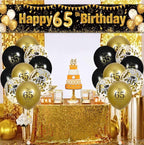 65th Birthday Decorations for Men Women - Black and Gold Yard Banner Sign and 18 PCS Happy Birthday Balloons for Anniversary Party Supplies
