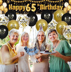 65th Birthday Decorations for Men Women - Black and Gold Yard Banner Sign and 18 PCS Happy Birthday Balloons for Anniversary Party Supplies
