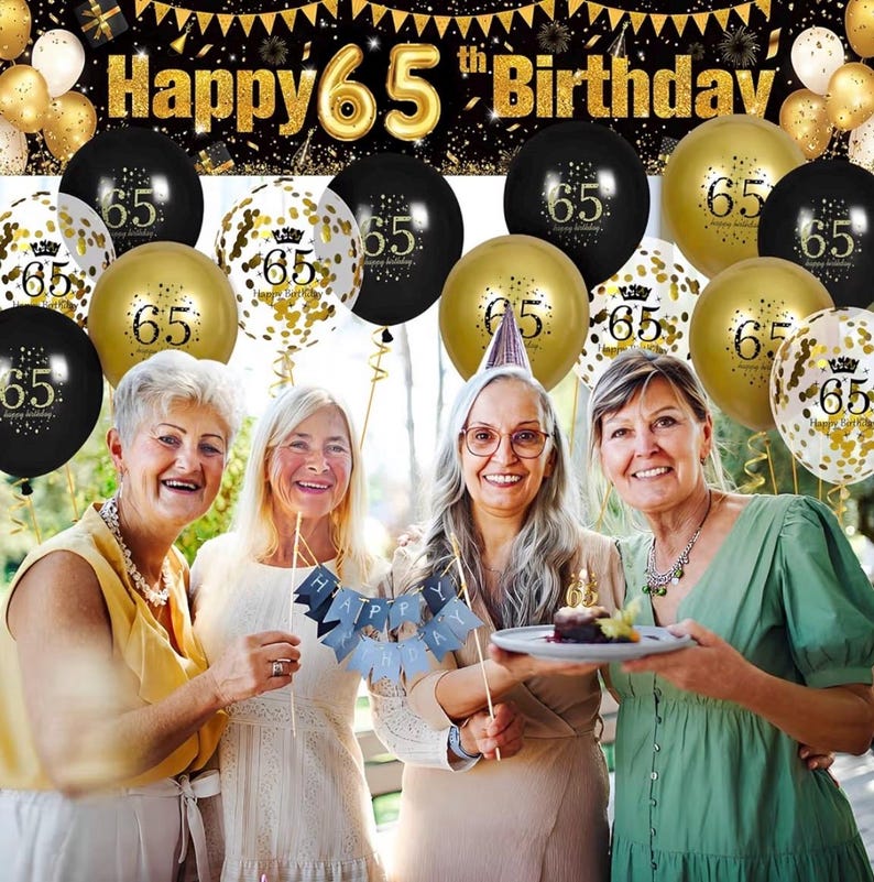 65th Birthday Decorations for Men Women - Black and Gold Yard Banner Sign and 18 PCS Happy Birthday Balloons for Anniversary Party Supplies